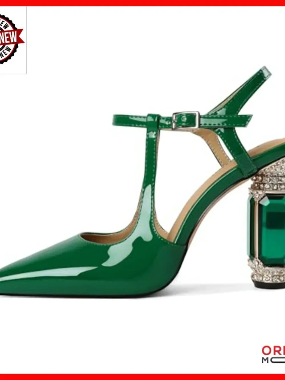 3.5 Inch Chunky Heel Slingback Pumps Pointed Toe Rhinestone Crystal Block Heels